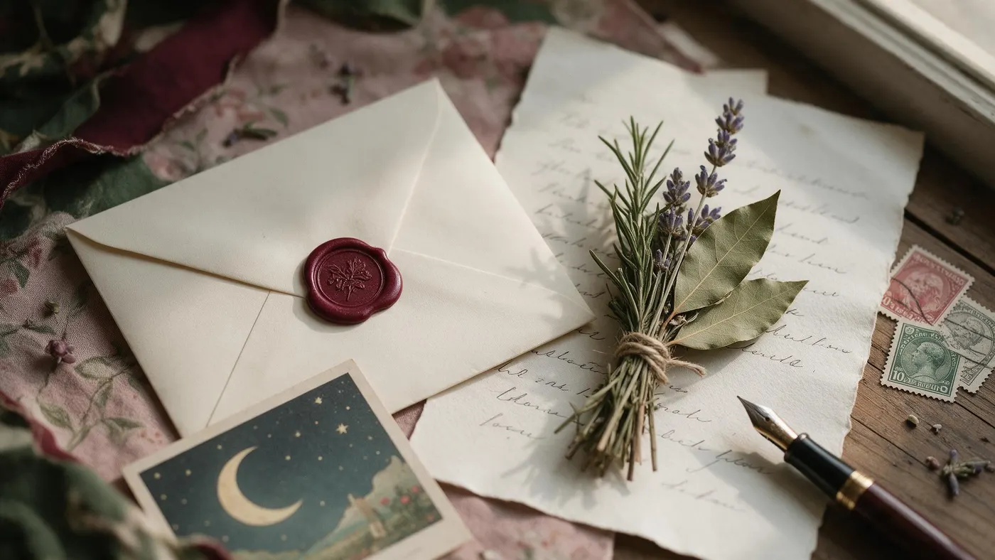 Sobre uma mesa de madeira: envelope creme com lacre de cera vinho, uma carta manuscrita, um ramo de alecrim, lavanda e louro amarrado com barbante, um postal com lua crescente, selos antigos e uma caneta-tinteiro.